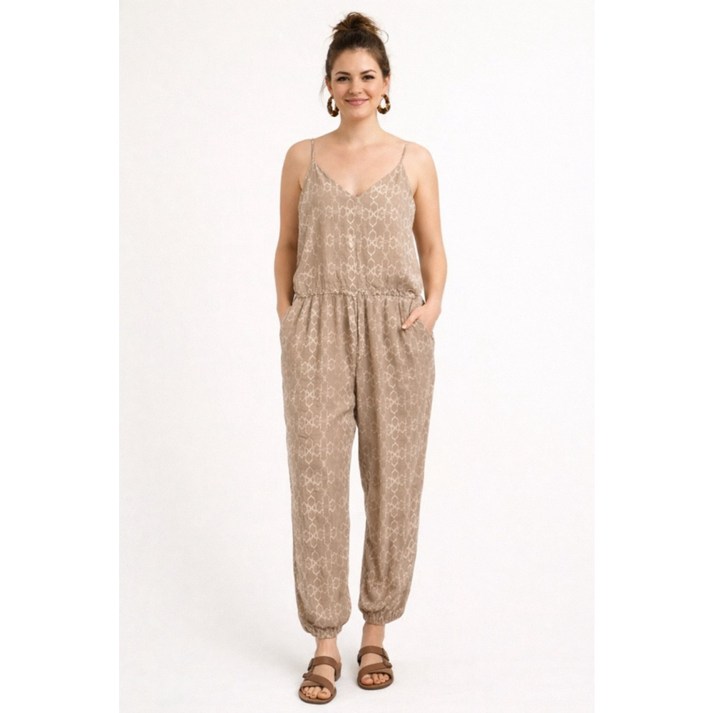 Free People Taupe Textured Jogger Jumpsuit Strappy Open Back Pockets Medium